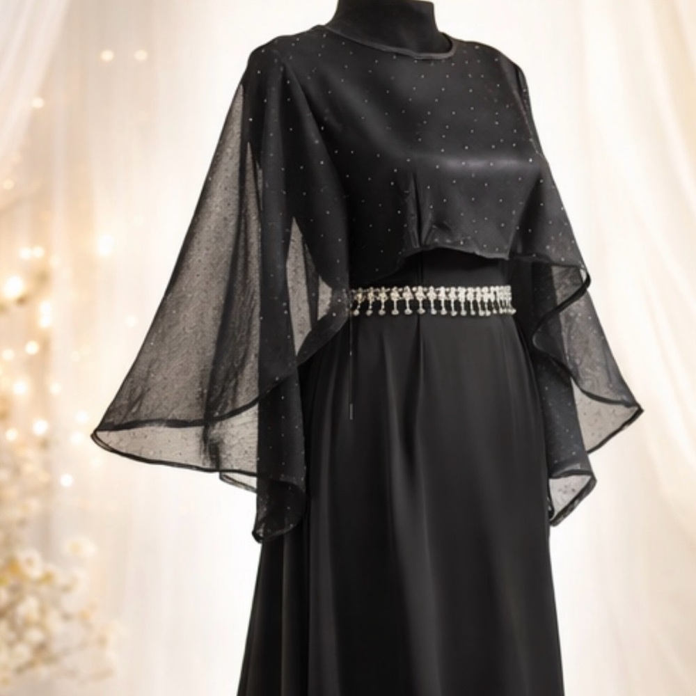 Elegant Black Maxi Dress with Pearl Accents